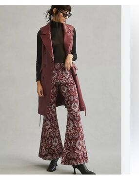 Anthropologie Damask Jacquard Flare Pants Size 6 Floral Burgundy